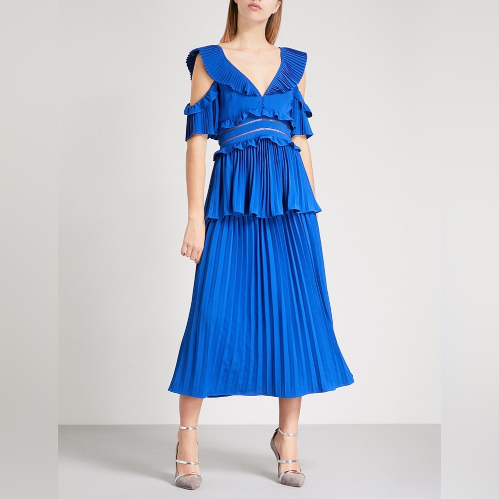 NWT Self-Portrait Cobalt Blue Pleated Ruffle Midi Dress